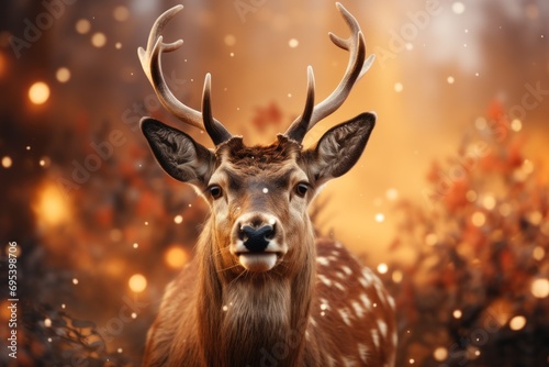  a close up of a deer with antlers on it's head in front of a blurry background of trees and bushes with snowflakes in the foreground.
