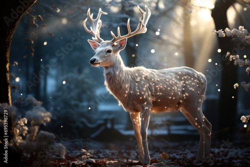  a deer standing in the middle of a forest with lots of leaves on it's ground and a light shining on it's antlers in the background. © Nadia