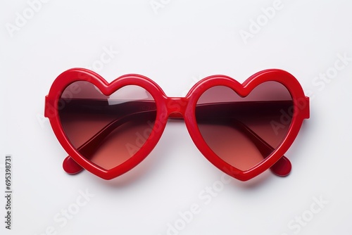 Red sunglasses in the shape of heart on white background. Generative AI