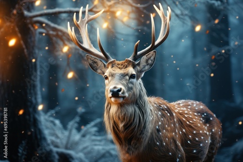  a close up of a deer in a forest with a lot of snow on it's face and a lot of lights on its antlers in the background. © Nadia