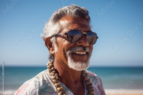 Portrait of a blissful indian man in his 60s wearing a trendy sunglasses against a sandy beach background. AI Generation