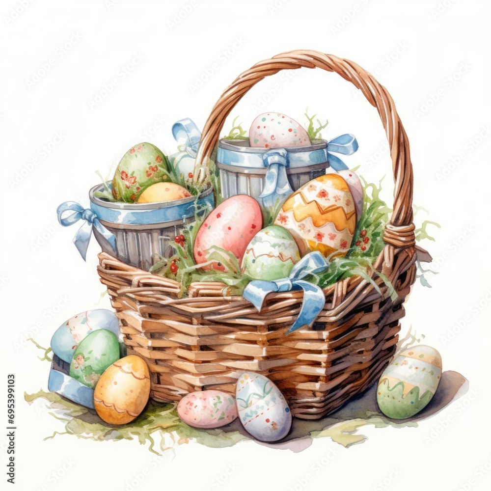 Watercolor illustration of a basket with eggs for Easter