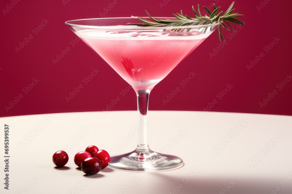 a pink drink with a sprig of rosemary garnish in a martini glass on a white table with cranberries and a red wall in the background. a pink drink with a sprig of rosemary garnish in a martini glass on a white table with cranberries and a red wall in the background.