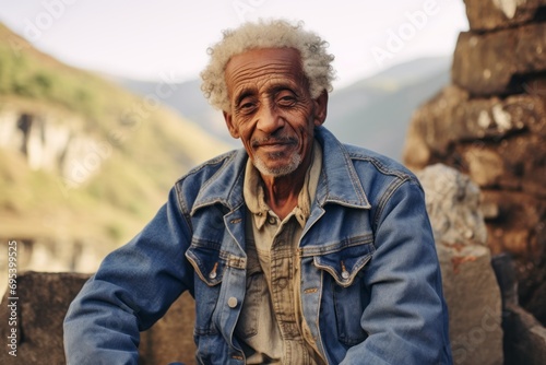 Portrait of a satisfied afro-american elderly 100 years old man sporting a rugged denim jacket against a rocky cliff background. AI Generation