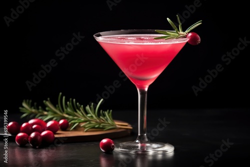 Wallpaper Mural  a cranberry martini garnished with a sprig of rosemary and cranberries next to a cutting board with cranberries on a black background. Torontodigital.ca