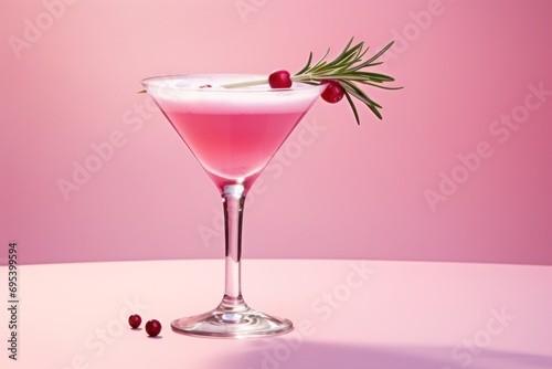  a pink drink with a sprig of rosemary garnish in a martini glass on a pink background with cranberries on the side of the glass.