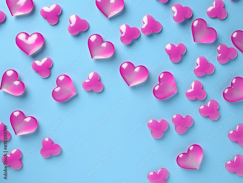 Shiny pink hearts on a blue background