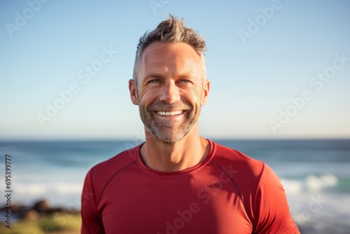 Portrait of a blissful man in his 40s wearing a moisture-wicking running shirt against a serene seaside background. AI Generation