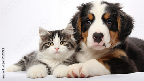 Adorable Bernese Mountain Dog puppy and gray tabby cat on white background. AI Generative.