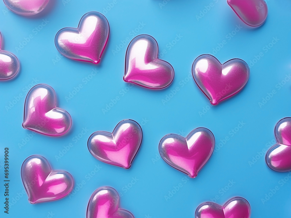 Shiny pink hearts on a blue background