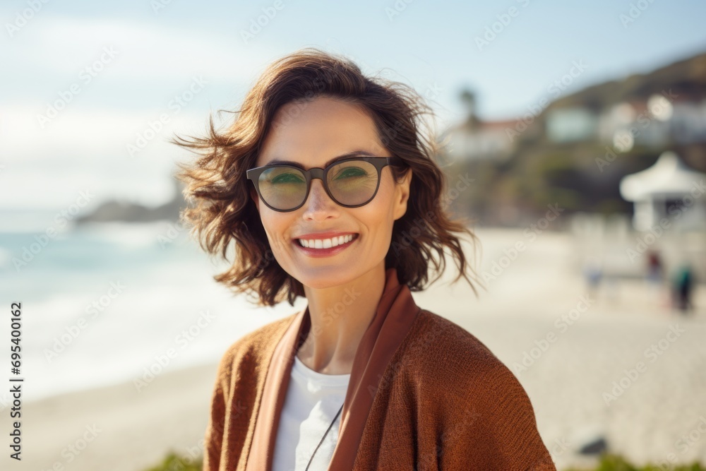 Portrait of a happy woman in her 40s wearing a chic cardigan against a bustling beach resort background. AI Generation Portrait of a happy woman in her 40s wearing a chic cardigan against a bustling beach resort background. AI Generation