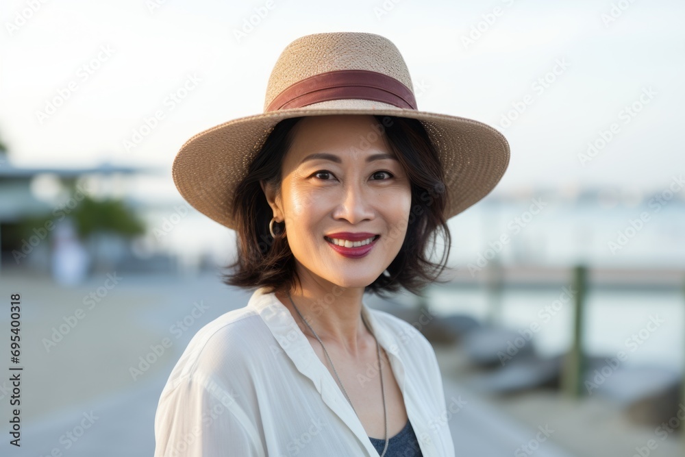 Portrait of a glad asian woman in her 50s donning a classic fedora against a bustling beach resort background. AI Generation