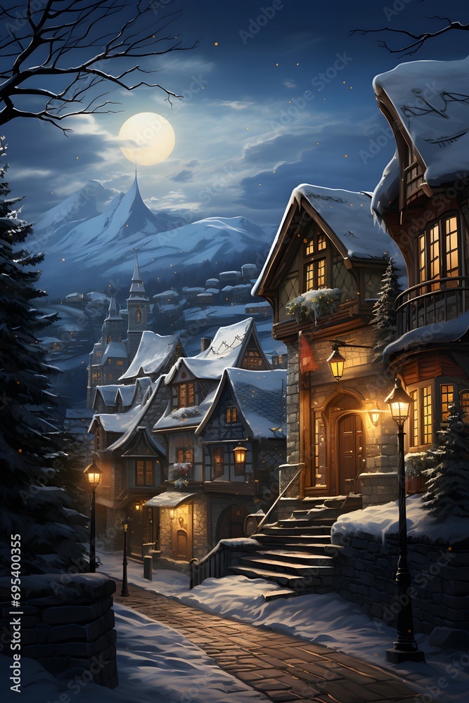 Beautiful winter landscape in the mountains at night. 3d rendering