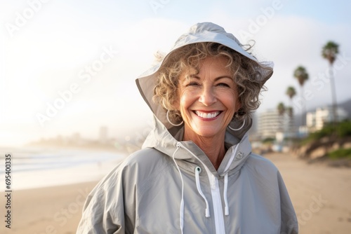 Portrait of a happy woman in her 60s wearing a lightweight packable anorak against a bustling beach resort background. AI Generation photo