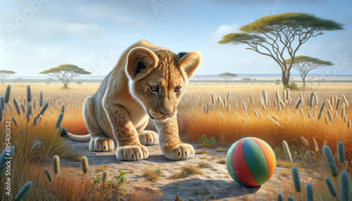 A lion cub's cautious approach to a new object, a colorful ball, on the African savanna photo