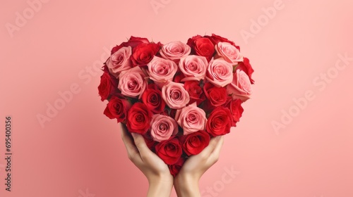 Heart shaped bouquet of red and pink roses on a solid color ona. Woman's hands holding a bouquet of roses