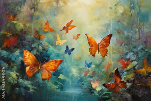  a painting of a group of orange butterflies flying in the air over a body of water in front of a forest filled with lots of green leaves and yellow flowers.