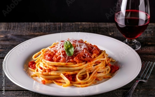 Plate with spaghetti with pomodoro sauce and a glass of red wine on the side. Created with generative Ai technology.