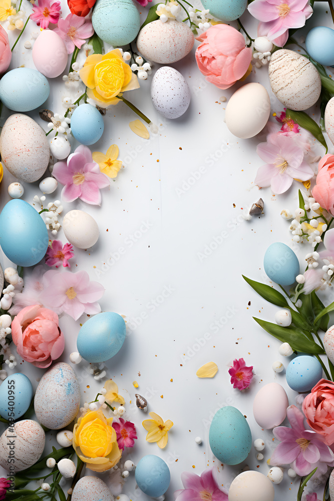  easter white background with colored eggs and flowers