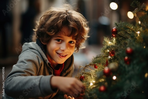 A cute and merry little boy, wrapped in the joy of Christmas, stands beside a beautifully decorated tree with festive ornaments and twinkling lights