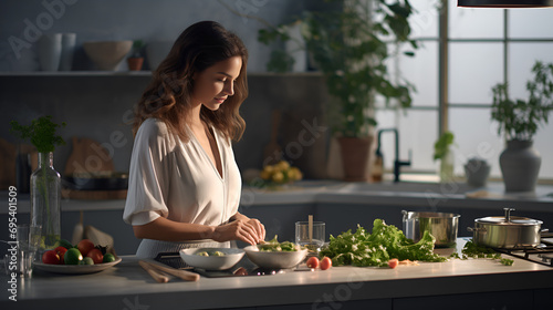 young woman making healthy salad in kitchen