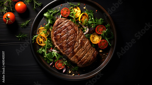 grilled steak with vegetables and herbs on a black plate