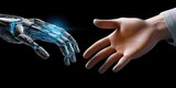 Future of collaboration. Thought provoking image captures essence of future technology and humanity converge. Robotic hand extends in gesture of connection symbolizing potential