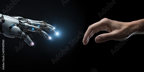 Future of collaboration. Thought provoking image captures essence of future technology and humanity converge. Robotic hand extends in gesture of connection symbolizing potential © Wuttichai