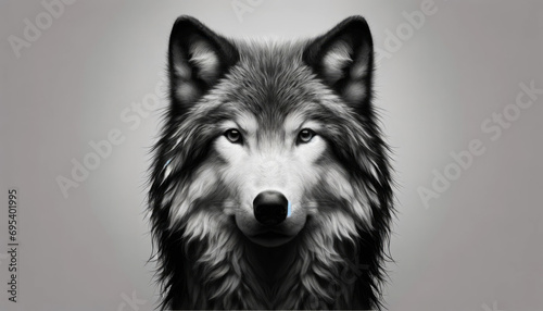 A photorealistic image of a black and white photo of a wolf in a minimalist style, envisioned as a bestseller on Adobe Stock.