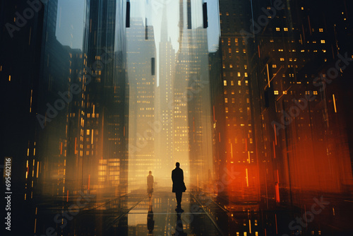 An abstract depiction of a person amidst towering skyscrapers, emphasizing the scale and impact of urban architecture.