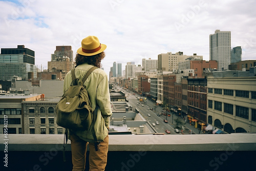 A person exploring the city with a sense of wonder, emphasizing the adventure and discovery within the urban environment.