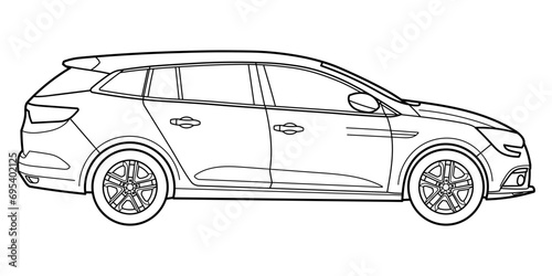 Classic station wagon car. Side view shot. Outline doodle vector illustration	
