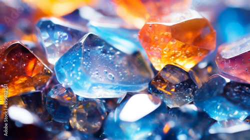 Caillou en verre transparent de plusieurs couleurs, orange et bleu. Pierre précieuse, nature, pierre. Pour conception et création graphique photo