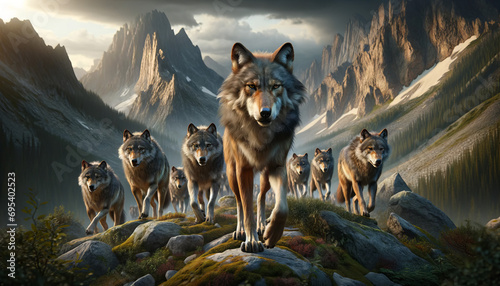 A photorealistic image of an alpha wolf leading its pack through mountainous terrain, envisioned as a bestseller on Adobe Stock. photo