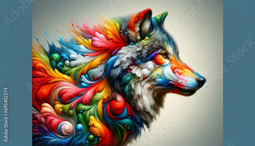 A photorealistic image of an artistic rendering of a wolf in a colorful, abstract style, envisioned as a bestseller on Adobe Stock. photo