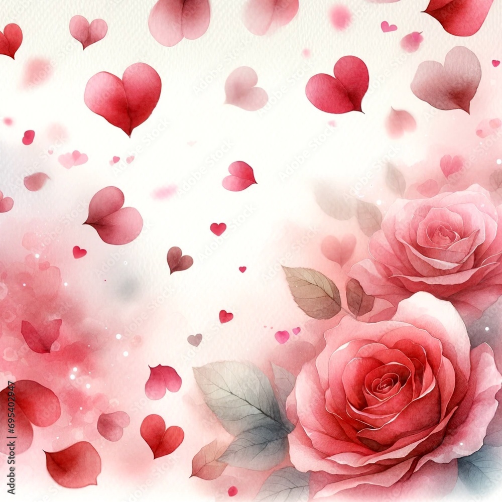 Valentine’s Day background in a watercolor style, featuring floating rose petals and small hearts.