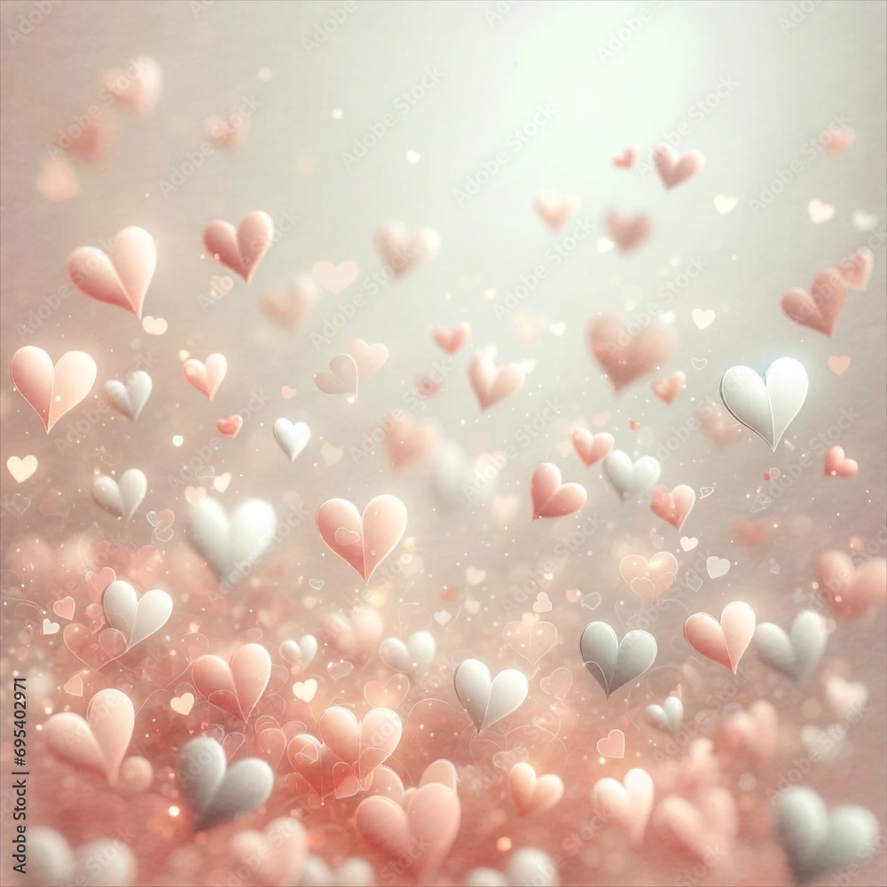 Valentine’s Day background in a watercolor style, featuring floating rose petals and small hearts.