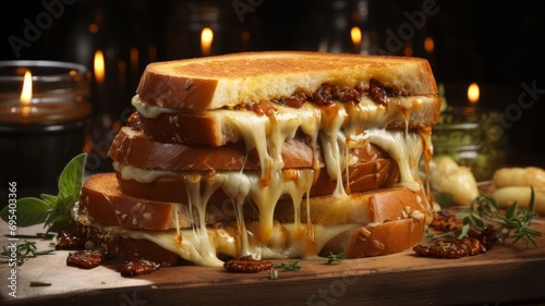 Close-up of grilled sandwich cheese on a wooden table