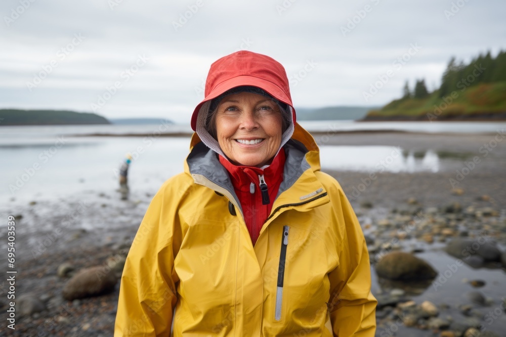 Portrait of a happy woman in her 60s sporting a waterproof rain jacket against a peaceful tide pool background. AI Generation