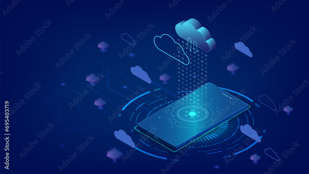 Tech cloud isometric smartphone. Digital smartphone system design, Concept of cloud computing and cloud storage. Technology background. - obrazy, fototapety, plakaty 