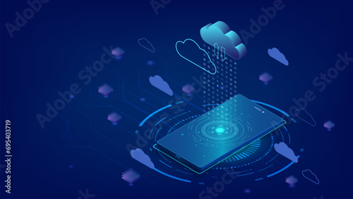 Tech cloud isometric smartphone. Digital smartphone system design, Concept of cloud computing and cloud storage. Technology background.
