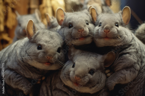 A close-knit group of chinchillas sharing chuckles, offering a heartwarming and humorous element for creative content.