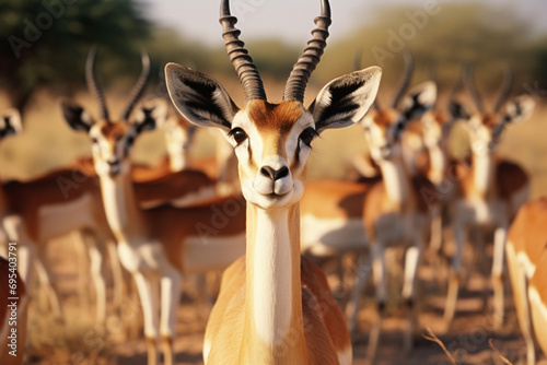 A group of gazelles with grinning expressions, ideal for conveying a light-hearted and spirited atmosphere in visual content. photo