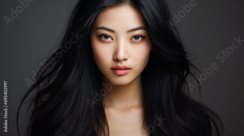 Asian girl with black hair on a black background. Studio light