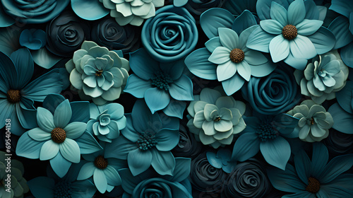 Blooming flowerbeds of stunning teal flowers featured in close-up against a dark, moody, textured floral background, creating a photorealistic effect,