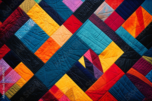 An abstract quilt of quantum quandaries, incorporating geometric shapes and vibrant colors to create a visually intricate and engaging design.