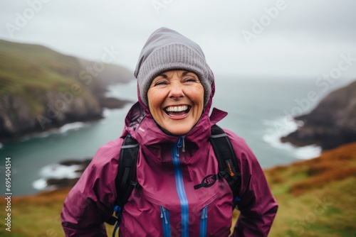 Portrait of a joyful woman in her 60s wearing a windproof softshell against a dramatic coastal cliff background. AI Generation © Markus Schröder