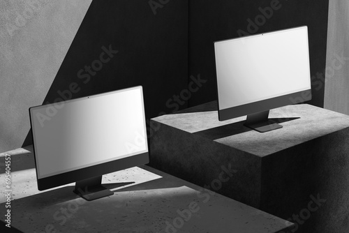 Computer device mockup with dark background and empty screen