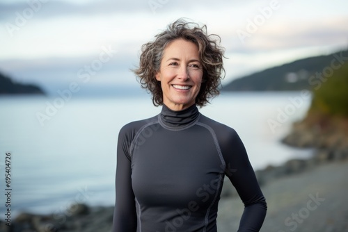 Portrait of a happy woman in her 50s showing off a lightweight base layer against a calm bay background. AI Generation © Markus Schröder