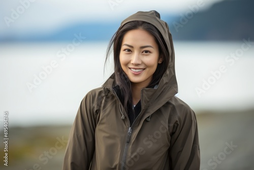 Portrait of a smiling asian woman in her 20s wearing a windproof softshell against a calm bay background. AI Generation photo